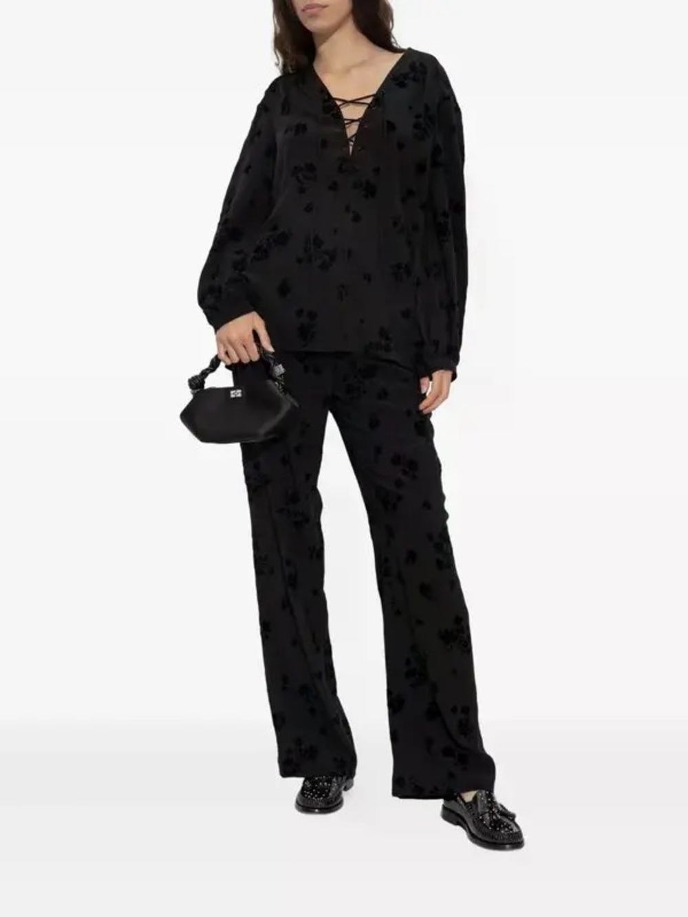 Zadig & Voltaire Black Floral Burnout Lace-Up Blouse